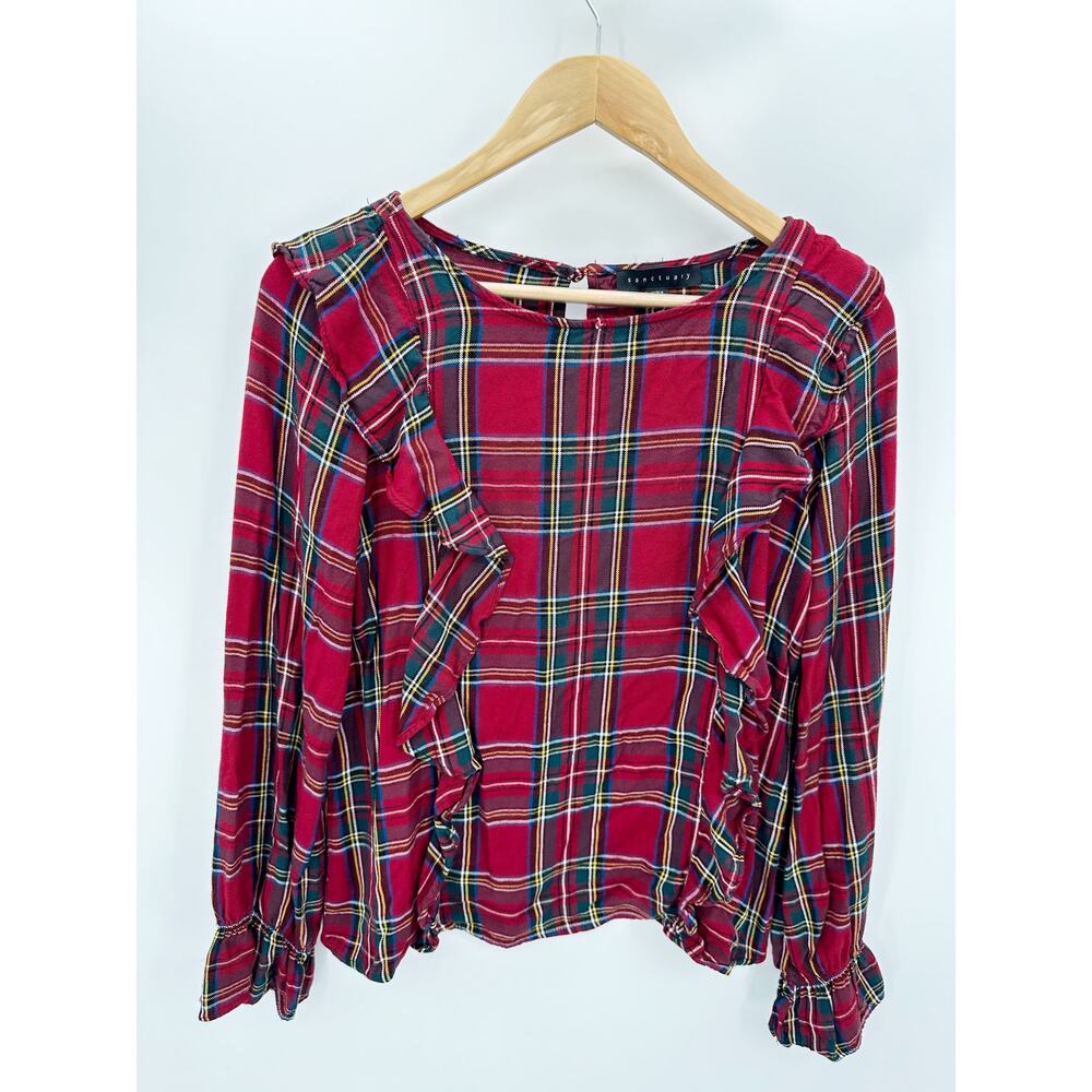 Sanctuary Women Red Plaid Ruffle Long Sleeve Top Size XS Holiday Festive
